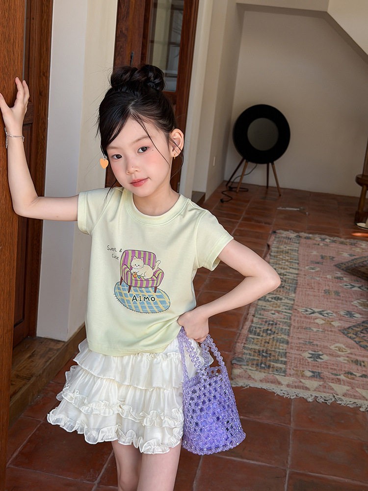 Children's Summer Lyocell Spandex Ice-Feel Sweet and Spicy Style Slim-Fit Short T-Shirt for Girls with Cartoon Print Short-Sleeve Top — 3