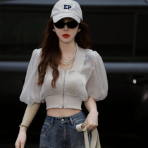 Ocnltiy design sun protection top summer new fashion puff sleeve short waist slimming short coat for women