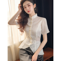 Ocnltiy new Chinese style short-sleeved shirt summer high-end French light luxury high-end temperament waist top for women