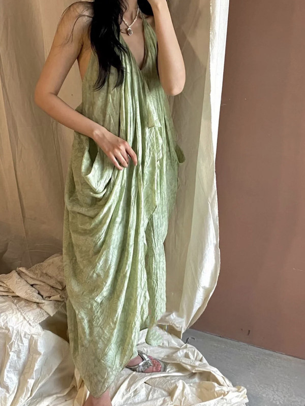 Mint Mambo Light Green/Old Pottery Halterneck V-Neck Backless Pendant Dress Seaside Resort Style Fairy Skirt