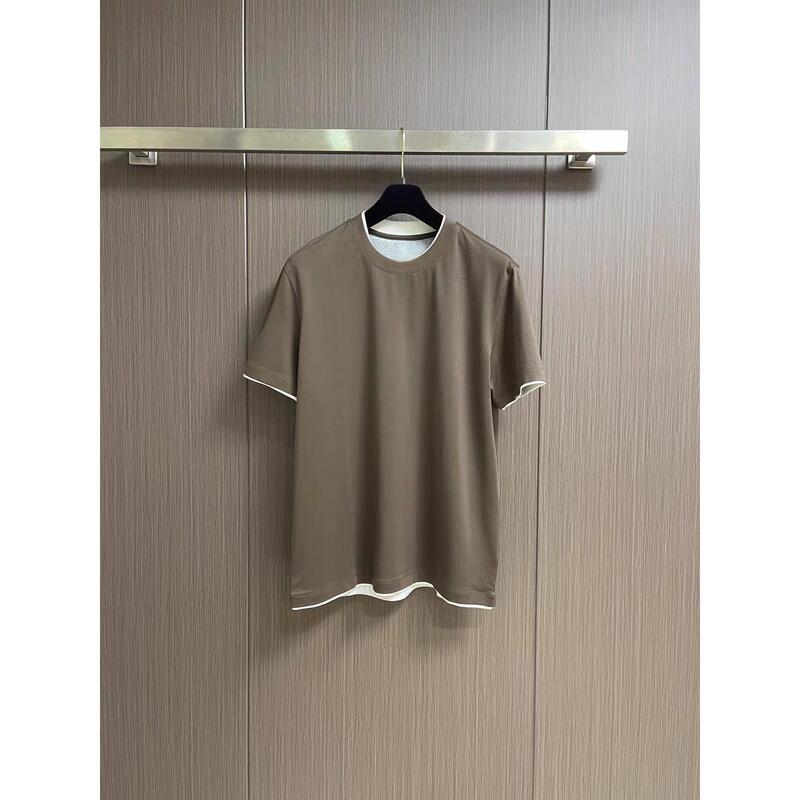 2026 Summer Italian-Style Light Luxury Old Money Style T-Shirt for Men, Cotton Modal Round Neck, Faux Two-Piece Breathable Casual Top