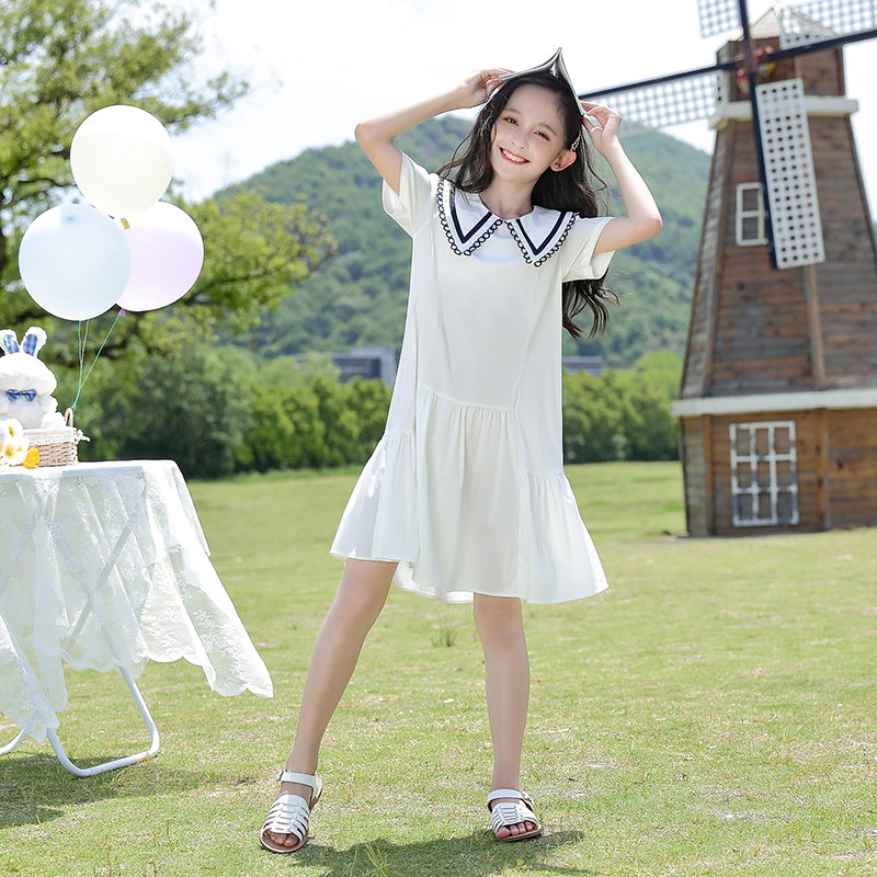 Girls short-sleeved dress loose A-line skirt summer fat long-sleeved chiffon pleated 170 big boy shirt collar girl spring and autumn