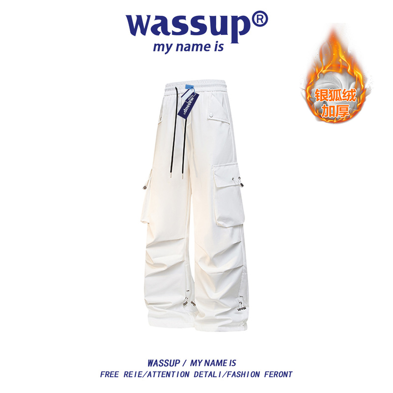 Wassup 2025 New Workwear Style Multi-Pocket Jogger Pants Unisex Loose Wide-Leg Trousers White Trendy