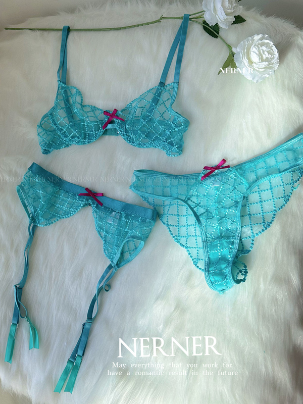 Nerner Mermaid Dream* Pearlescent Mesh Embroidery Lace Lingerie Three-Piece Set French Lingerie Sexy Garter Belt