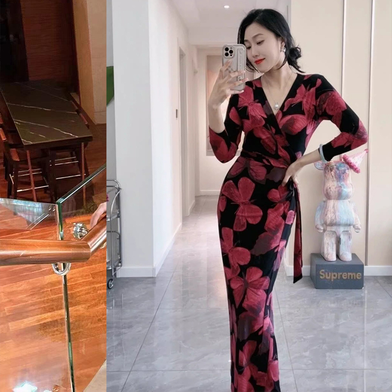 Black and Red Printed Dress, Spring and Autumn New Chinese Style Women's Dress, Light and Mature Temperament, Waist-Cinching Long Dress, One-Piece Wrap Dress, Sexy