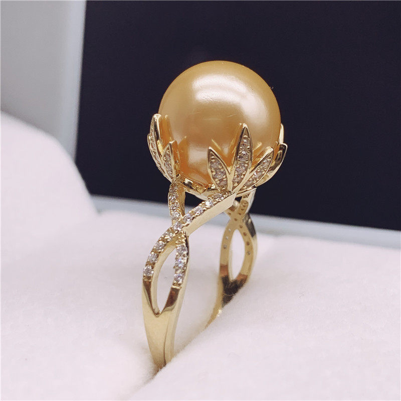 Nanyang Gold Pearl Ring 12-13mm Natural Sea Water Pearl Ring Positive round Intense Light Inlaid Drilling for Mom Gift