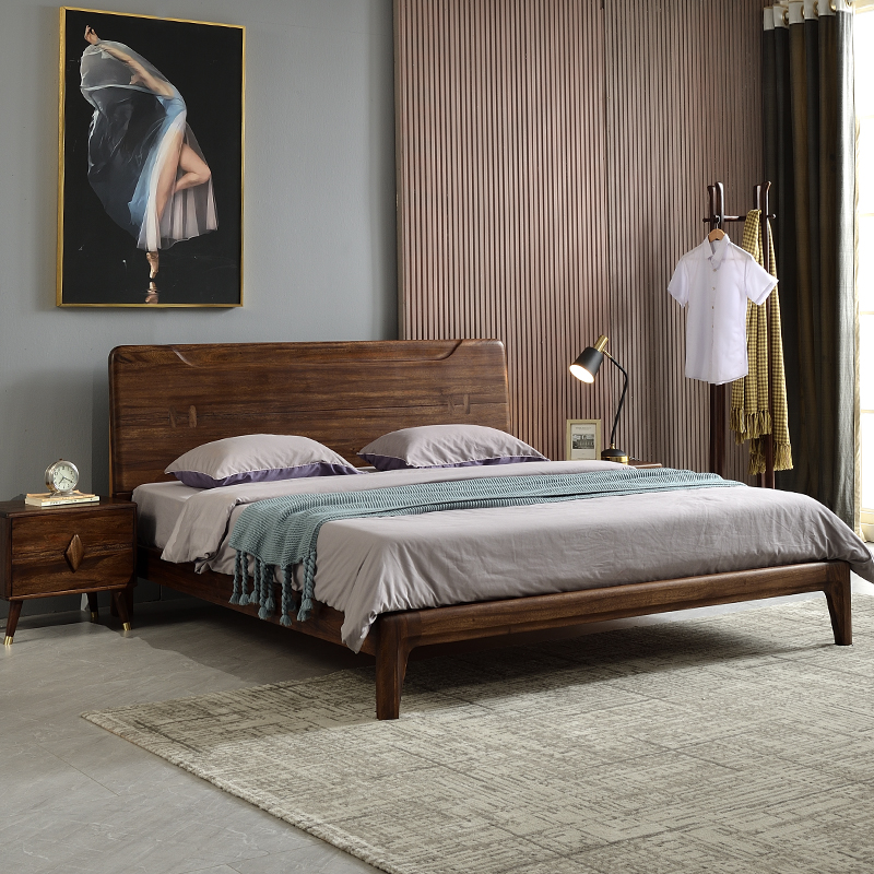 Italian simple black walnut solid wood bed double bed log environmental protection Japanese style 1 8m bed wood wax oil furniture