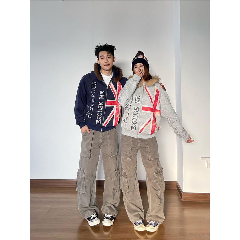 Union Jack Flag Print Hooded Zip-Up Sweatshirt Jacket for Men, Navy Blue Vintage Distressed Couple's Versatile Hoodie Coat