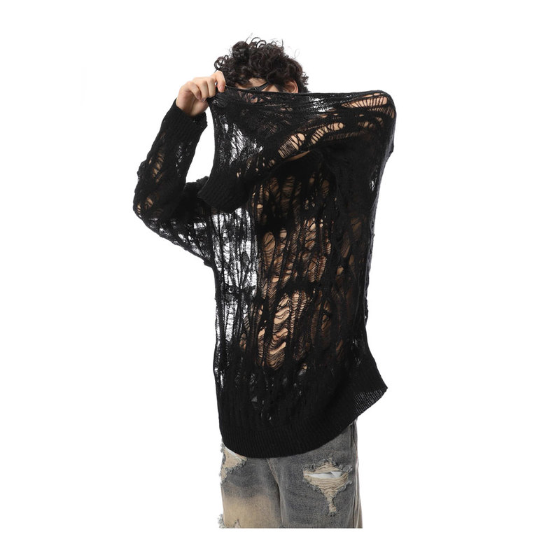Unique Design Hollow-Out Pullover Sweater for Men, Loose Casual Versatile Lazy Style Ripped Knit Cover-Up Top