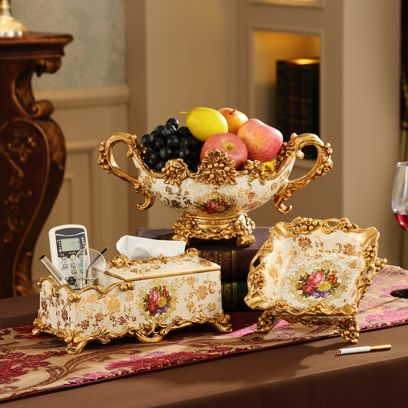 European-Style Light Luxury Fruit Plate Ornaments for Home Living Room Coffee Table Tissue Box Ashtray Set Housewarming New Home Decorations