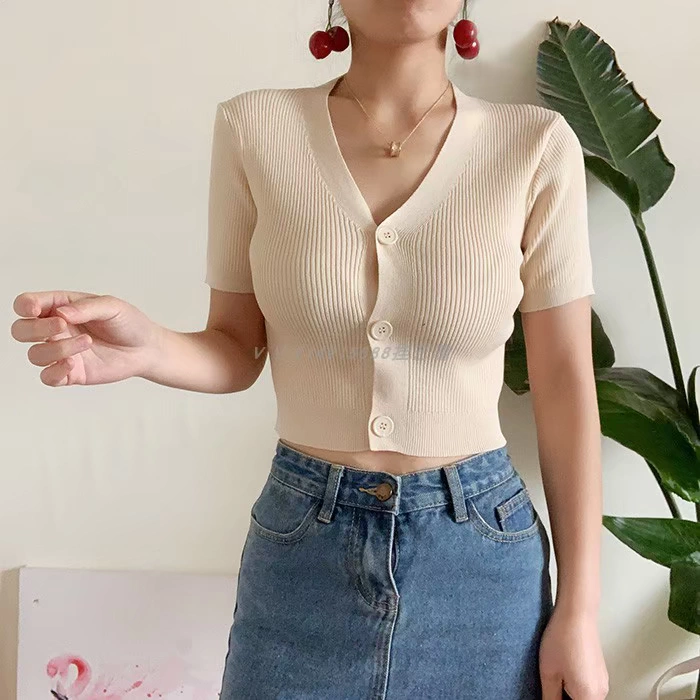 Áo sơ mi ngắn tay cổ lửng POLO hở eo siêu ngắn áo len đáy quần skinny skinny ngắn nút trên cùng áo len - Cardigan