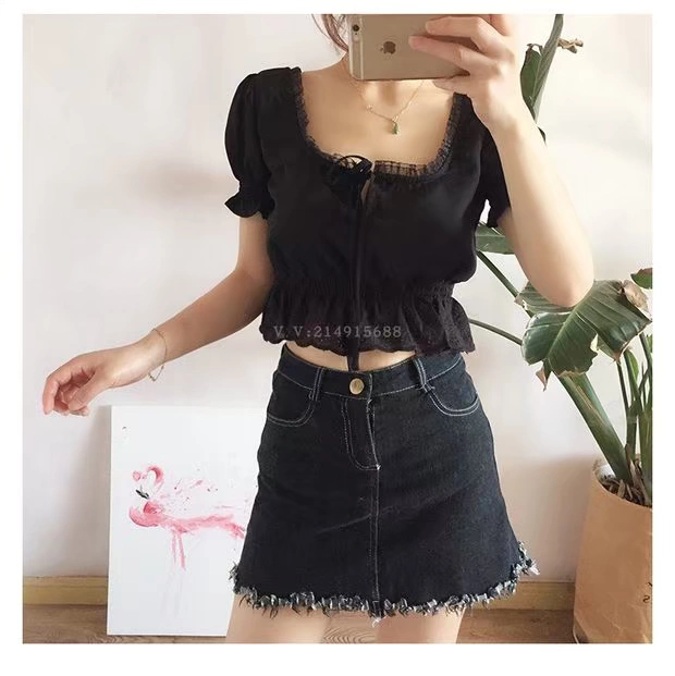 Pháp lãng mạn ren ren hàng đầu với cổ áo vuông xương đòn xù áo sơ mi voan ngắn tay