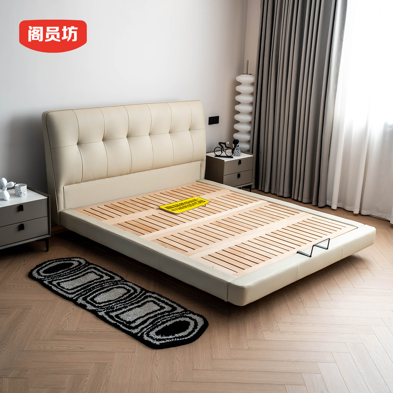 Geyuanfang Genuine Leather Bed in Stock, Beech Wood Floating Bed, Master Bedroom Bed, Cowhide Bed, Chocolate Bed