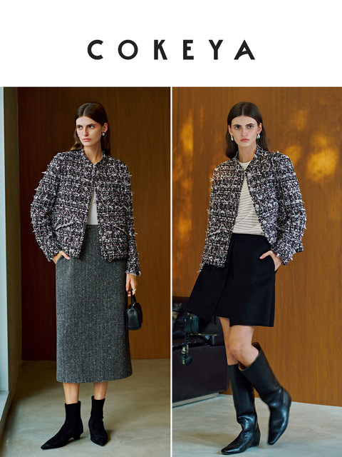 Cokeya/Urban Night Cherry~Italian Imported Japanese Paper Yarn Tweed Stand Collar Chanel-Style Jacket for Women Spring
