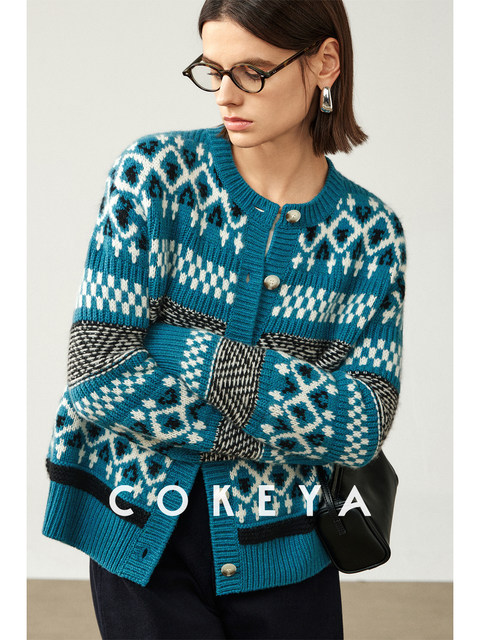 Cokeya/Nordic Fairy Tale~ Fair Isle Style Drop Shoulder Cashmere Thickened Round Neck Long Sleeve Knitted Cardigan Jacket for Women