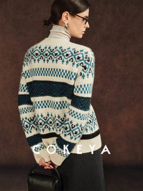 Cokeya/Nordic Fairy Tale~ Fair Isle Style Drop Shoulder Cashmere Thickened Round Neck Long Sleeve Knitted Cardigan Jacket for Women