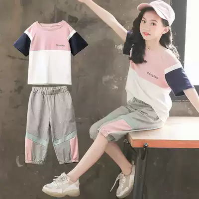 Korean girls ' suit 2021 summer new sports Western style casual summer clothes middle and large children's pure cotton short-sleeved two-piece suit