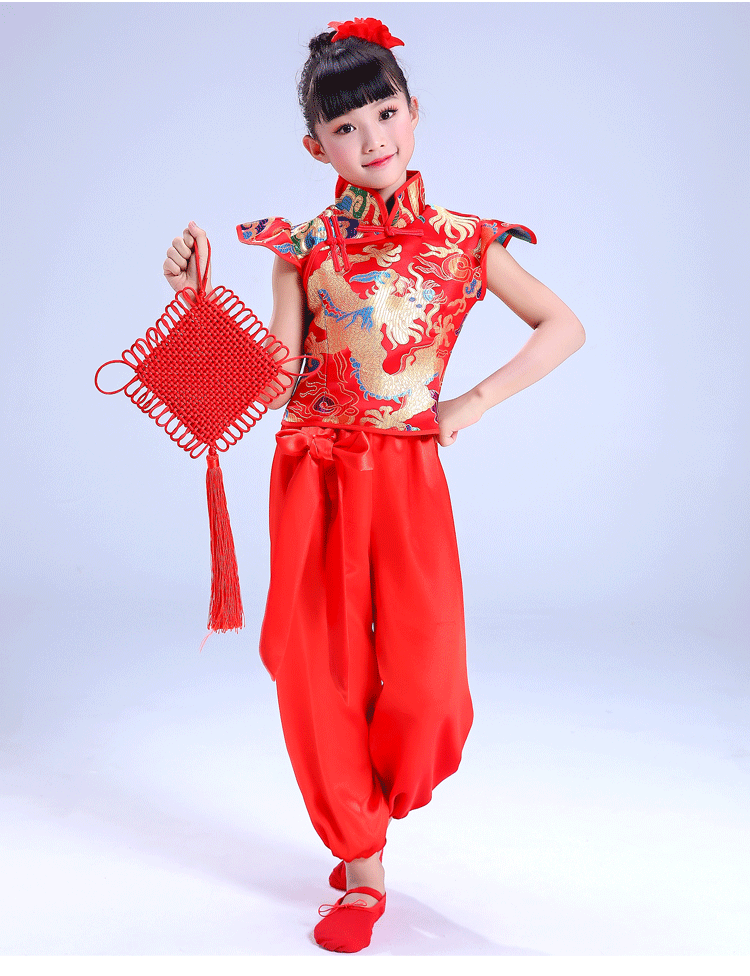 Trẻ em mở bài hát khiêu vũ lễ hội đỏ cho bé trai và bé gái Tiếng trống theo phong cách Trung Quốc kinh doanh quần áo trẻ em