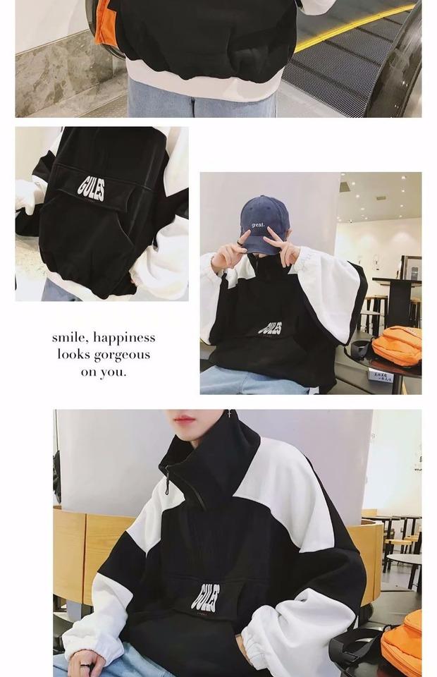 Mùa thu hip hop lỏng áo len nam sinh viên Hàn Quốc bf Harajuku cặp đôi xu hướng hoang dã cổ áo đứng thể thao áo khoác áo phông nam