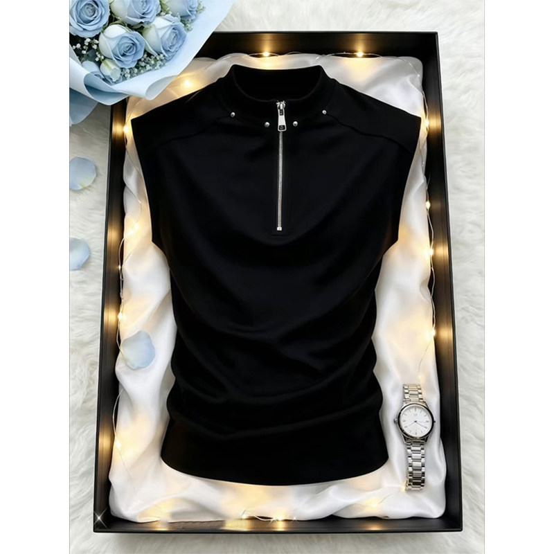Black American-Style Functional Half-Zip Vest for Men, Summer Cool and Stylish, High-End Feel, Slim Fit, Regular Shoulder, Sleeveless T-Shirt Black American-Style Functional Half-Zip Vest for Men, Summer Cool and Stylish, High-End Feel, Slim Fit, Regular Shoulder, Sleeveless T-Shirt