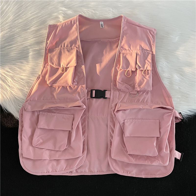 Japanese City Boy Functional Workwear Vest for Men, Summer Trendy Brand Thin Jacket, Pink Vest Jacket