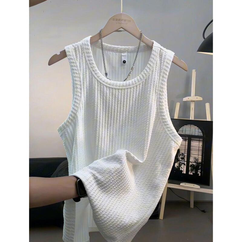 White Textured Ribbed Tank Top for Men, Summer Trendy Sports Fitness Undershirt, Loose Sleeveless T-Shirt
