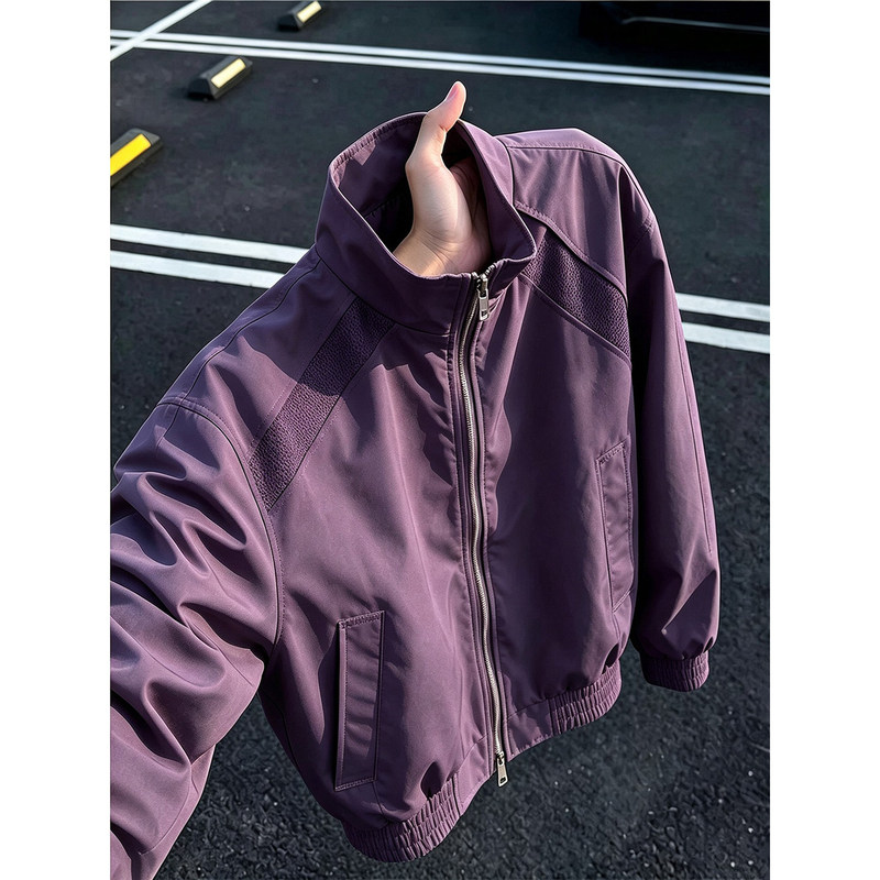 Purple Deconstructed Stand-Collar Flight Jacket for Men, Autumn Cleanfit Short Workwear Jacket, American High Street Baseball Jacket Purple Deconstructed Stand-Collar Flight Jacket for Men, Autumn Cleanfit Short Workwear Jacket, American High Street Baseball Jacket