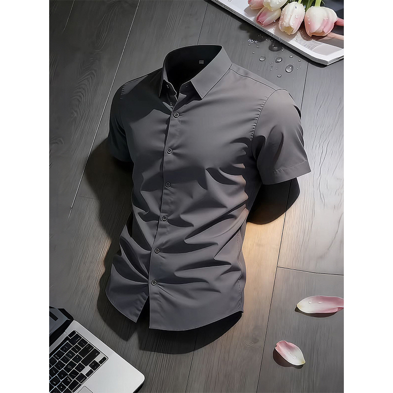 Dark Gray Naples Godfather Shirt, Short-Sleeved, Masculine Style, Old Money Style, Business Casual, Ice Silk Shirt Dark Gray Naples Godfather Shirt, Short-Sleeved, Masculine Style, Old Money Style, Business Casual, Ice Silk Shirt