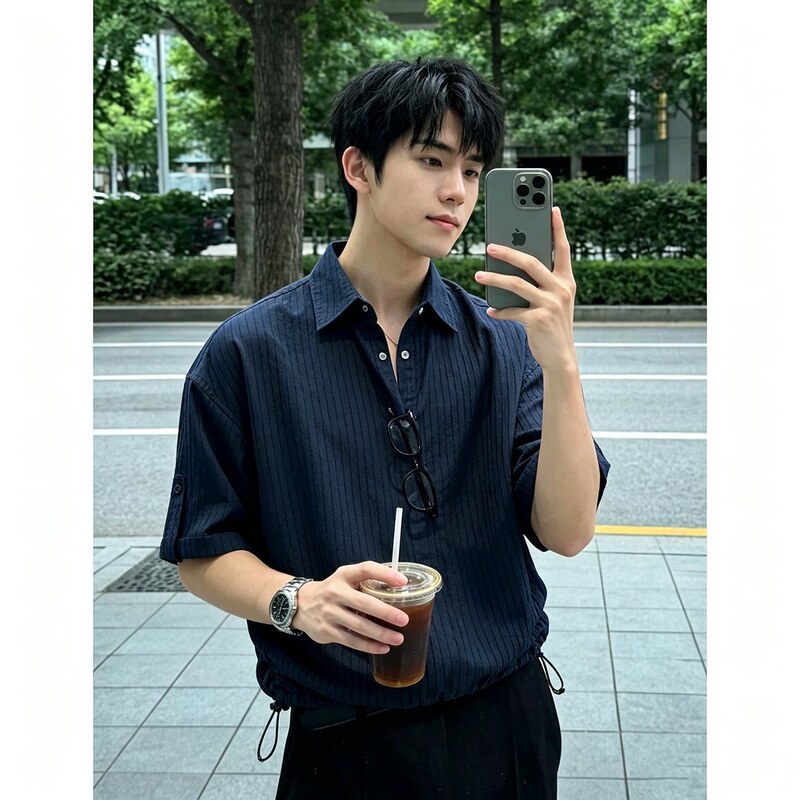Navy Blue Vertical Striped Polo Shirt Men's Short-Sleeved Summer Thin Henry Collar Shirt for Commuting Wear Half-Sleeved Top Navy Blue Vertical Striped Polo Shirt Men's Short-Sleeved Summer Thin Henry Collar Shirt for Commuting Wear Half-Sleeved Top