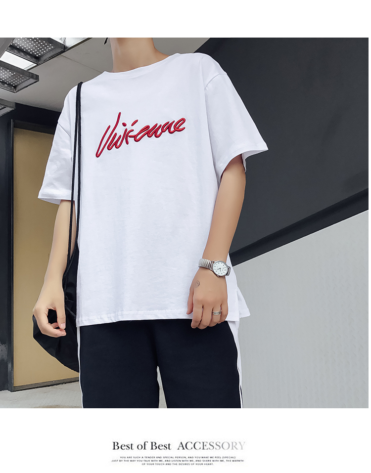 2018 mùa hè vài thêu T-Shirt nam ngắn tay lỏng sinh viên Hàn Quốc hoang dã giản dị áo sơ mi vòng cổ áo sơ mi