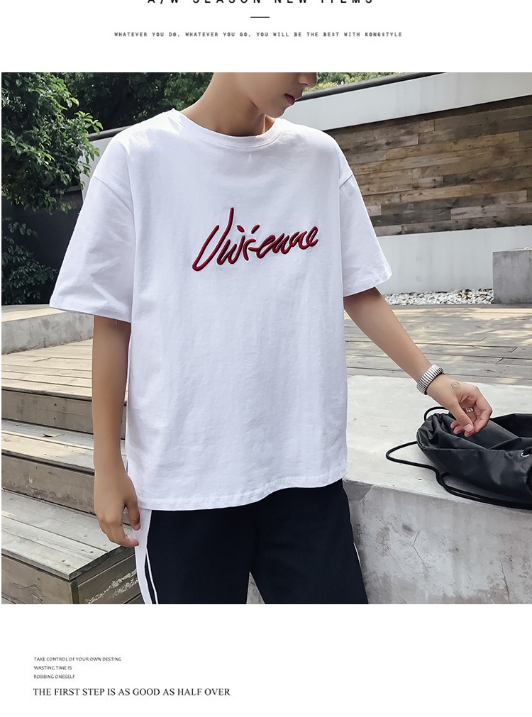 2018 mùa hè vài thêu T-Shirt nam ngắn tay lỏng sinh viên Hàn Quốc hoang dã giản dị áo sơ mi vòng cổ áo sơ mi áo gió nam