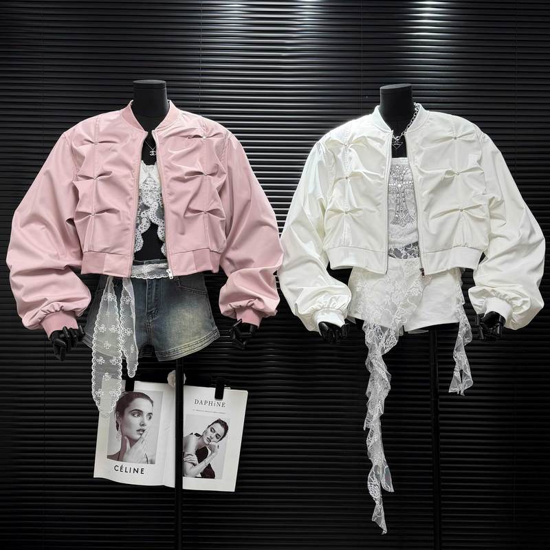 Elegant Socialite Influencer Style Studded Pleated Design Baseball Jacket for Women, Versatile Loose-Fitting Outerwear for Spring and Autumn