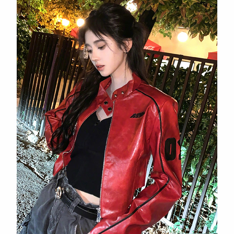 Ji Jingyi Celebrity Style Retro Red Motorcycle Letter Embroidered Leather Jacket for Women 2025 Spring and Autumn New Model