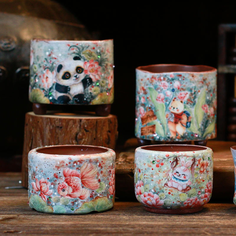 Qianci Handmade Hand-Painted Yun Brand Premium Succulent Flower Pot Wax-Like Coarse Ceramic Floral Cartoon Retro Style Breathable Pot
