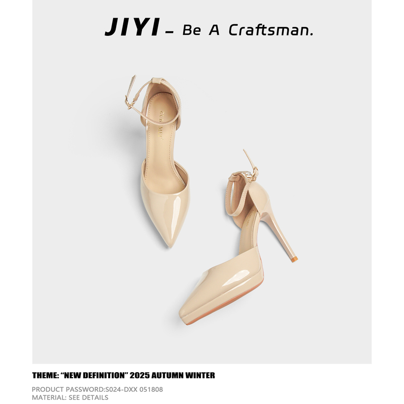 Jianyi Simple French-Style Waterproof Platform Hollow High-Heeled Shoes for Women, Sexy Pointed Toe Stiletto Heels with Ankle Strap and Shallow Mouth Design
