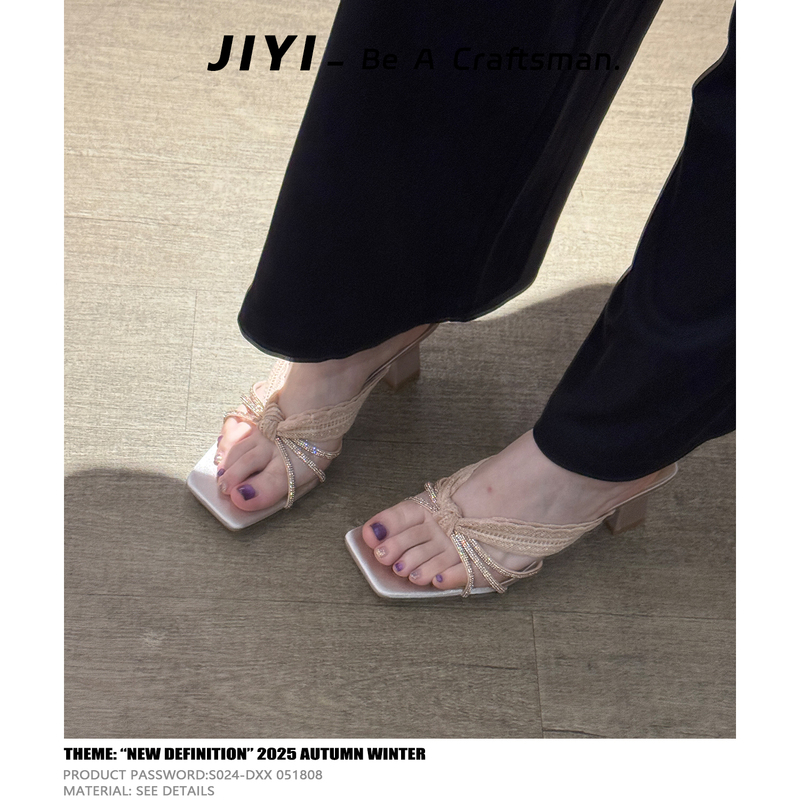 Jianyi Korean Style Lace Silk Satin Bow Thick Heel Sandals for Women Casual Style Square Toe Open Toe High Heel Slippers Jianyi Korean Style Lace Silk Satin Bow Thick Heel Sandals for Women Casual Style Square Toe Open Toe High Heel Slippers