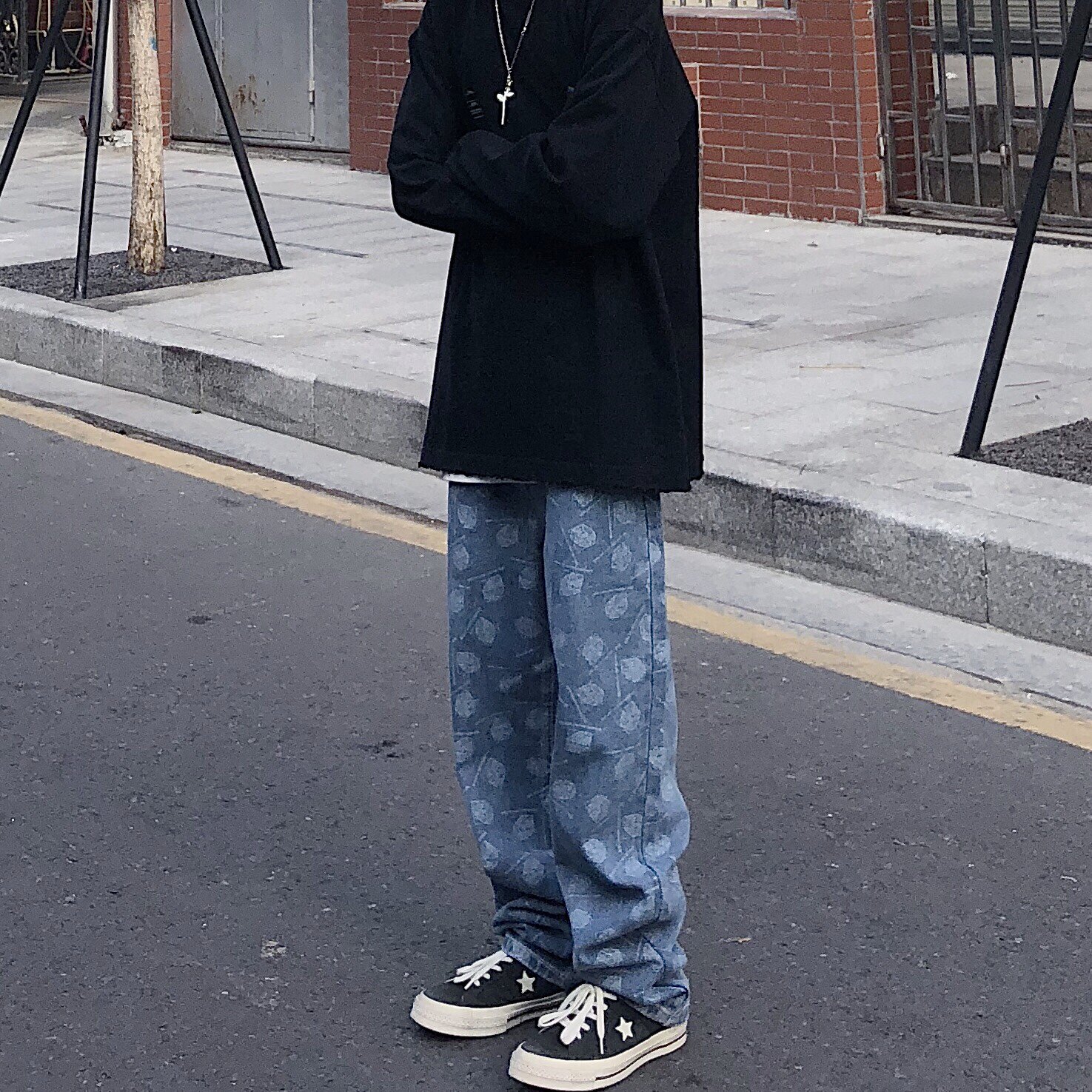 LKSTORE waste Kesaiwen country hip hop full print jeans men and women couples loose straight vintage trousers