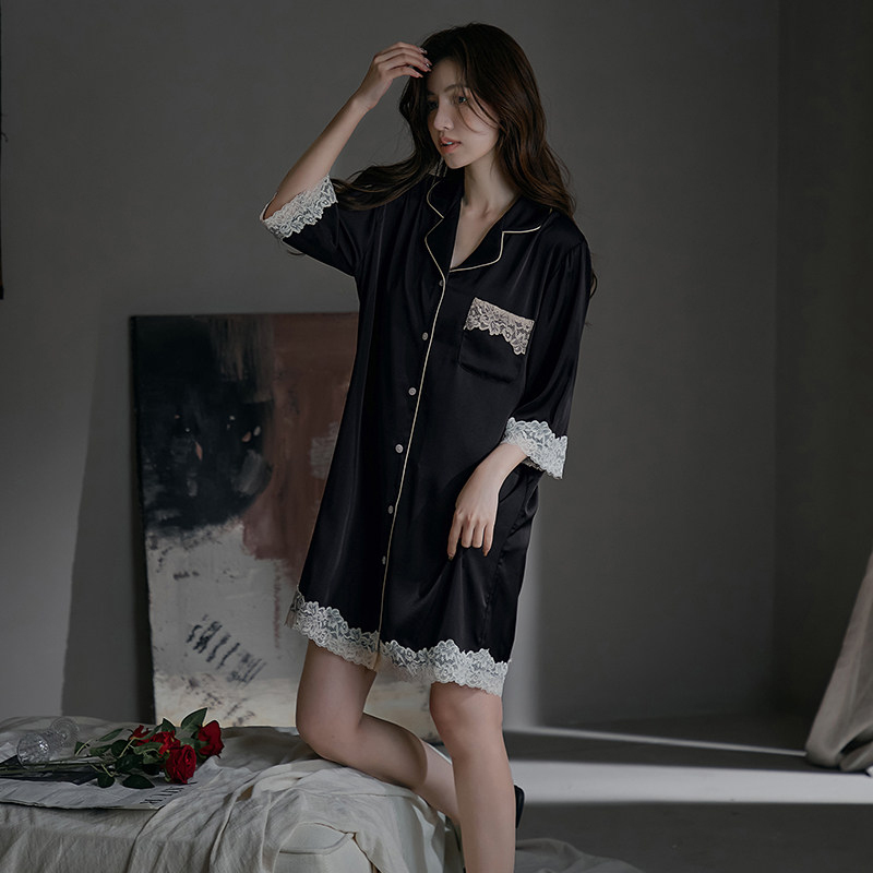 Japanese Gp Ice Silk Nightgown for Women, Spring and Summer Shirt Dress, Mid-Sleeve Pajamas, Silk Sexy Lace Loose Loungewear