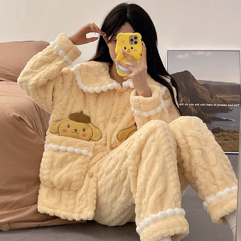 Coral Fleece Pajamas for Women, Autumn and Winter, Thickened and Fleece-Lined, Flannel, Internet Celebrity Style, Cartoon Cute, Warm Loungewear Set