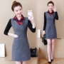 2018 thu đông eo eo bằng len dài tay nữ kẻ sọc giả hai mảnh khâu hông váy áo dạ nữ cao cấp