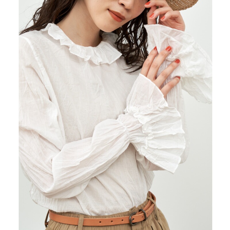 Spring Sweet Ruffled Long-Sleeved Inner Shirt for Women, Large Size Export Style, Casual Solid Color Pleated Pure Cotton Top