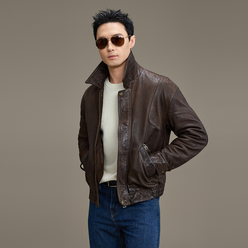 2026 New Men's Genuine Leather Goatskin Lapel Thickened Jacket Autumn and Winter A2 Pilot Motorcycle Leather Jacket