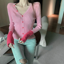 Pink Ice Silk Knit Sweatshirt Woman 2021 Fall new outfitting V collar Collared Cardiovert Blouse Thin Undercoat Sweater