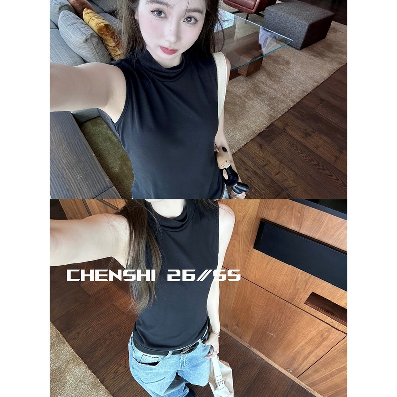 Chen Shi Modal Turtleneck Vest for Women, Summer Outerwear, Comfortable Sleeveless Off-Shoulder Top