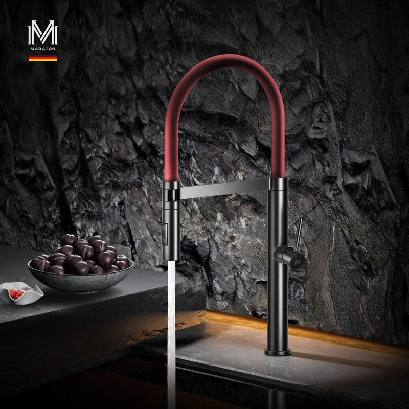 Mambaton Kitchen Red Faucet with Universal Rotation, Pull-Out Type, Household Sink, Vegetable Washing Basin, Hot and Cold Faucet