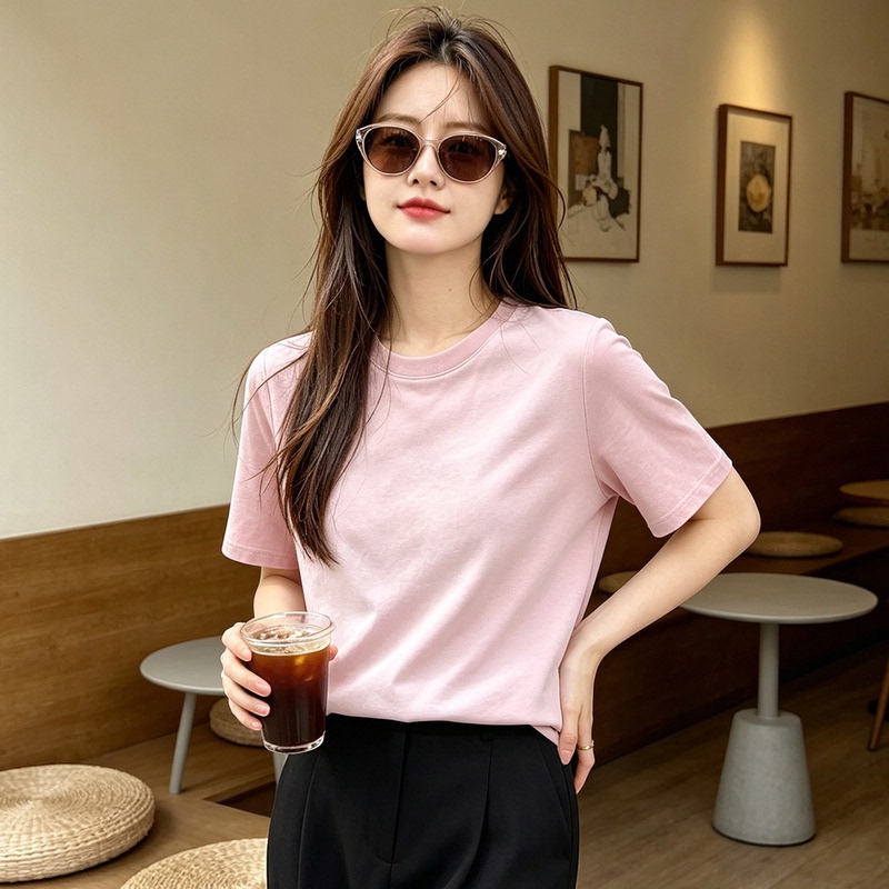 High-End Pure Cotton Short-Sleeve T-Shirt for Women, Loose Round Neck, Versatile Half-Sleeve Solid Color Base Shirt, Pink Summer Top High-End Pure Cotton Short-Sleeve T-Shirt for Women, Loose Round Neck, Versatile Half-Sleeve Solid Color Base Shirt, Pink Summer Top