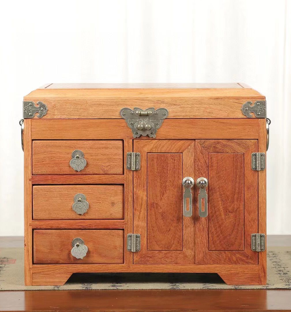 Burmese rosewood full single board jewelry box mahogany hand jewelry jewelry mirror box with lock solid wood storage box dowry