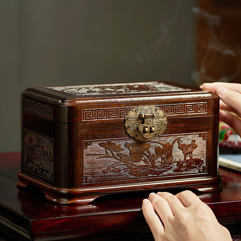 Jewelry box with lock high-grade small leaf red sandalwood solid wood Chinese mahogany dressing box small wedding dowry wooden storage box