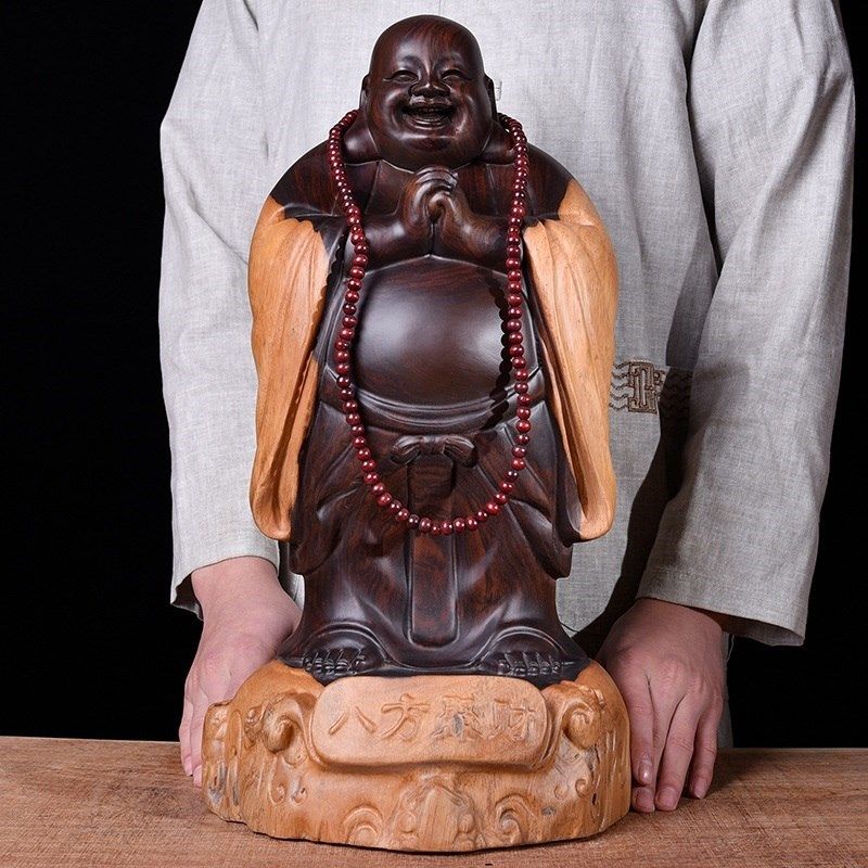 Ebony Wood Carving Maitreya Buddha Statue Ornament Octagon Gathering Wealth Laughing Buddha Handicraft Office Home Living Room Decoration