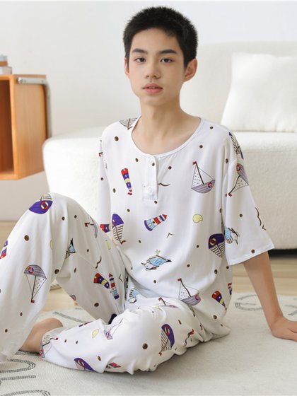 睡衣男士夏季棉绸短袖长裤夏季绵绸薄款大码学生青少年家居服套装